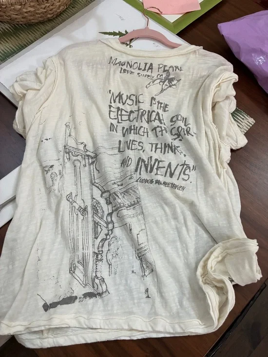 Magnolia Pearl. Rare. Beethoven Graphic Henley Tee - Cream with Gray Print - Picture 2 of 6